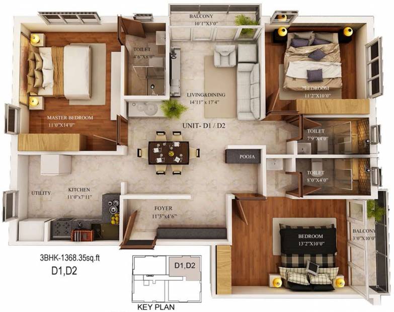 Bluewall Swasthi Residency (3BHK+3T (1,368 sq ft) + Pooja Room 1368 sq ft)