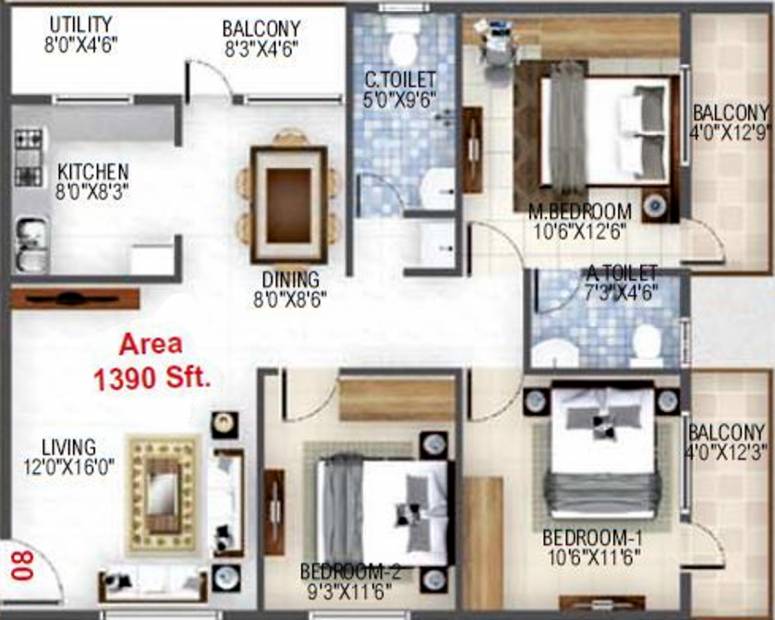 Baldota Elegant (3BHK+2T (1,390 sq ft) 1390 sq ft)