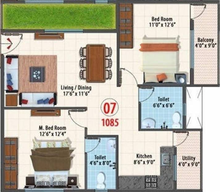 Dhiraan Ferns Bluebells (2BHK+2T (1,085 sq ft) 1085 sq ft)