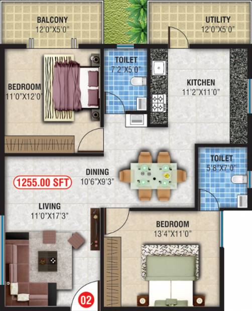 Magna Nest (2BHK+2T (1,255 sq ft) 1255 sq ft)