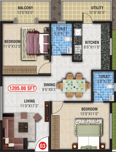 Magna Nest (2BHK+2T (1,205 sq ft) 1205 sq ft)