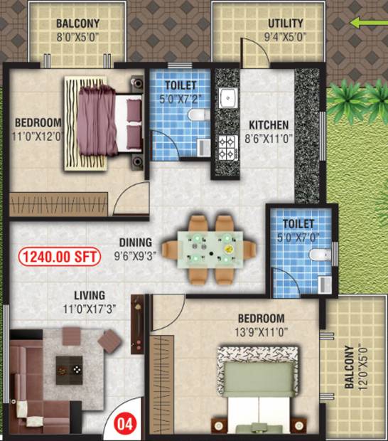 Magna Nest (2BHK+2T (1,240 sq ft) 1240 sq ft)