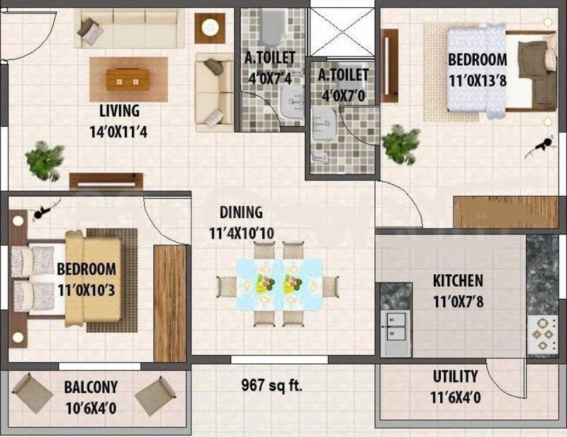 Aryan Build Estates Pvt Ltd Aryan Pebble (2BHK+2T (967 sq ft) 967 sq ft)