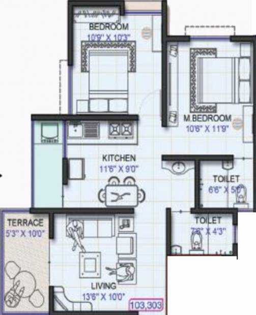 Omkar Serenity (2BHK+2T (857 sq ft) 857 sq ft)