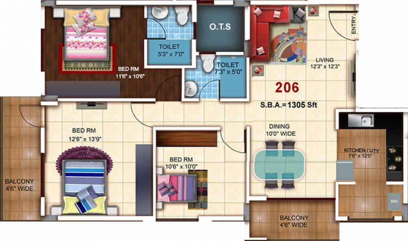 Sumukha Maple Grove (3BHK+2T (1,305 sq ft) 1305 sq ft)