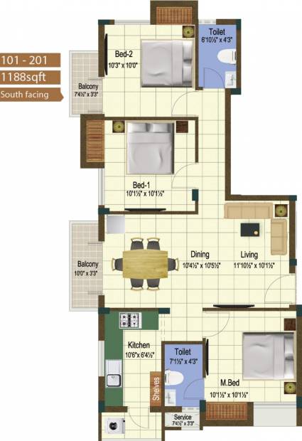 Sanjana Apex Enclave (3BHK+2T (1,188 sq ft) 1188 sq ft)