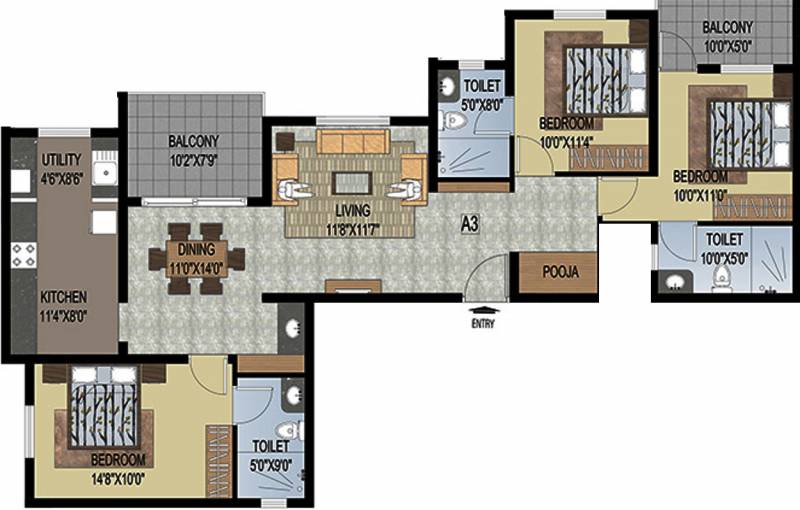 Uniworth Serenity (3BHK+3T (1,607 sq ft) + Pooja Room 1607 sq ft)