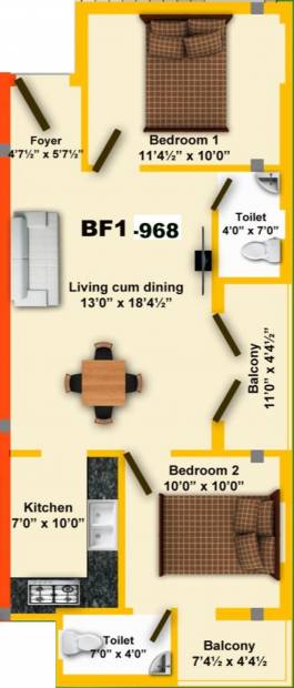 MS MM Rajayogam (2BHK+2T (968 sq ft) 968 sq ft)