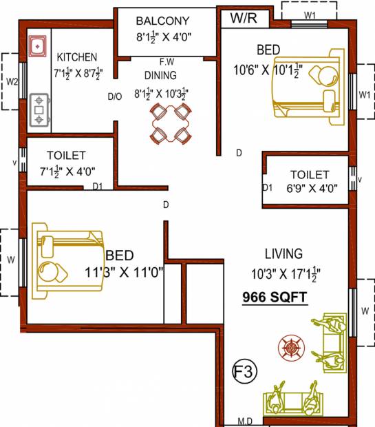 Perfect Pristine (2BHK+2T (966 sq ft) 966 sq ft)