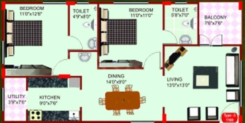 Scion Scion Greenleaf (2BHK+2T (1,100 sq ft) 1100 sq ft)
