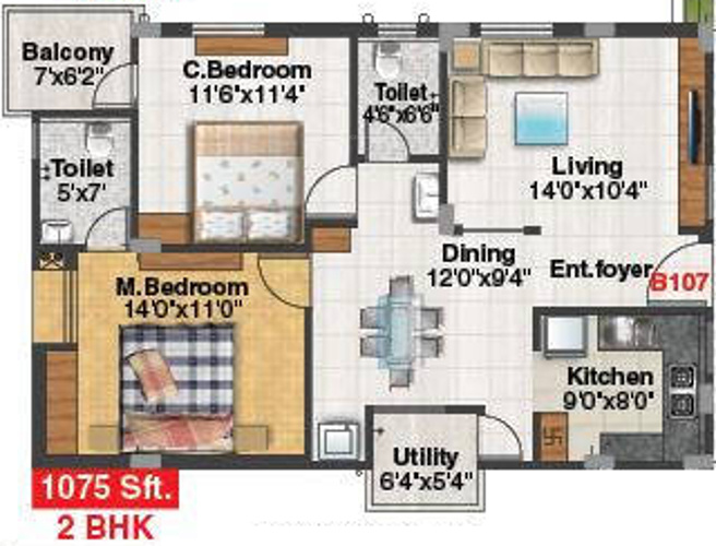 Aakruthi Serenity (2BHK+2T (1,075 sq ft) 1075 sq ft)