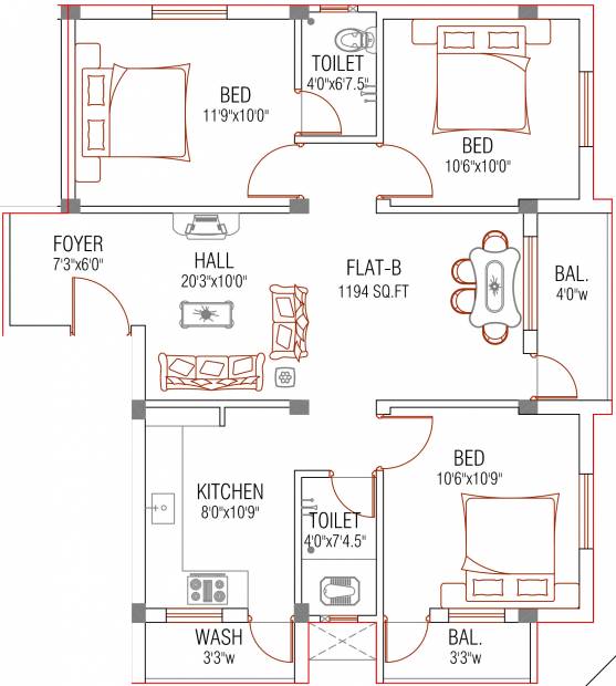 AJ Apoorva (3BHK+2T (1,194 sq ft) 1194 sq ft)