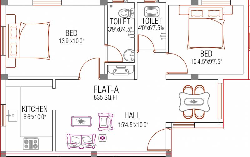 AJ Apoorva (2BHK+2T (835 sq ft) 835 sq ft)