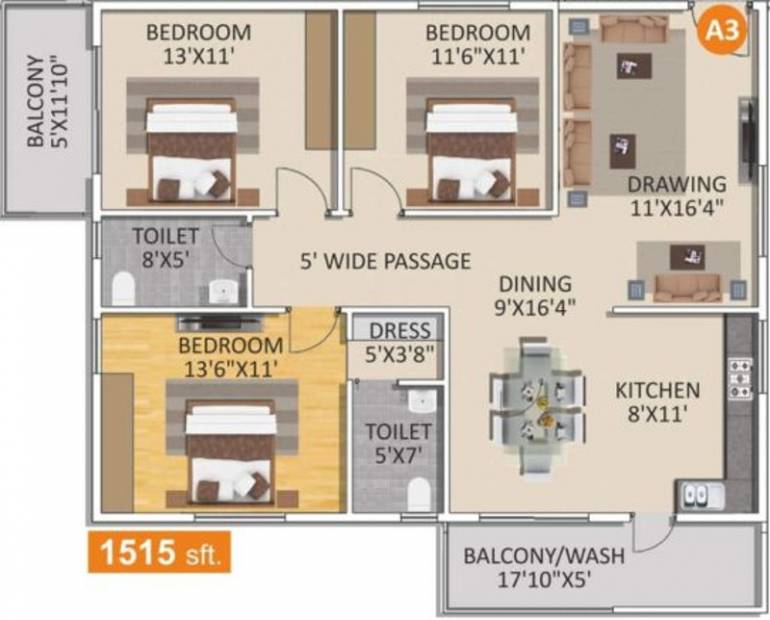 Spad Nakshatra Nestilo (3BHK+2T (1,515 sq ft) 1515 sq ft)