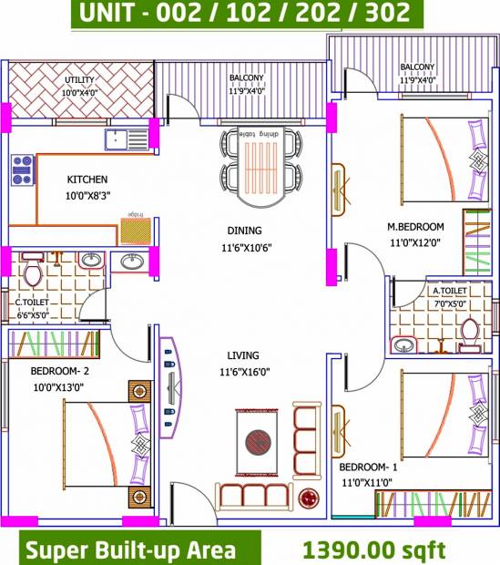 Yuva Eka (3BHK+2T (1,390 sq ft) 1390 sq ft)