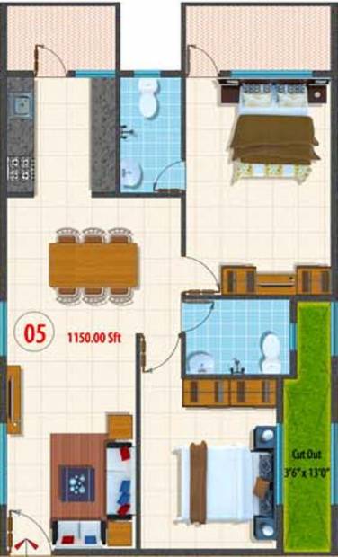 Dhiraan Ferns Bluebells (2BHK+2T (1,150 sq ft) 1150 sq ft)