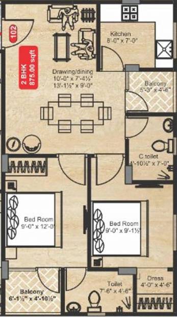 Unique Rakshak (2BHK+2T (875 sq ft) 875 sq ft)