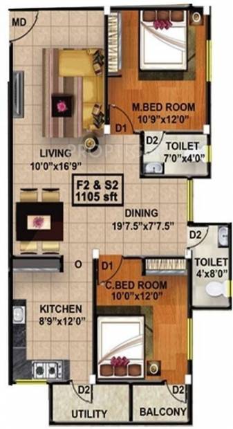 The Nest Aurora (2BHK+2T (1,105 sq ft) 1105 sq ft)