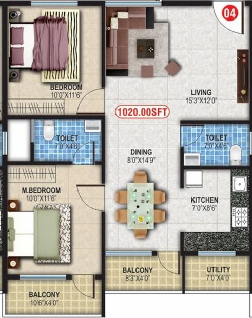 Balaji Sapthagiri Towers (2BHK+2T (1,020 sq ft) 1020 sq ft)