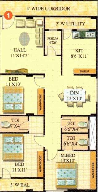 Lahari Satyam Heights (3BHK+3T (1,500 sq ft) + Pooja Room 1500 sq ft)