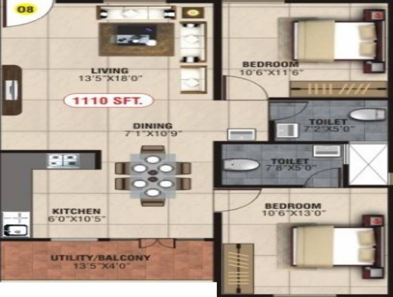 Balaji Sapthagiri Towers (2BHK+2T (1,110 sq ft) 1110 sq ft)