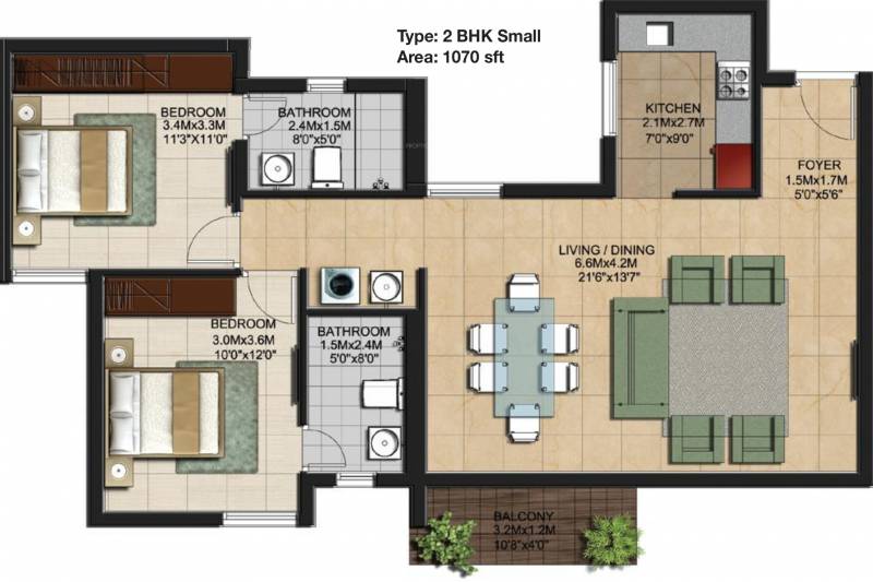 Casagrand Crescendo (2BHK+2T (1,070 sq ft) 1070 sq ft)