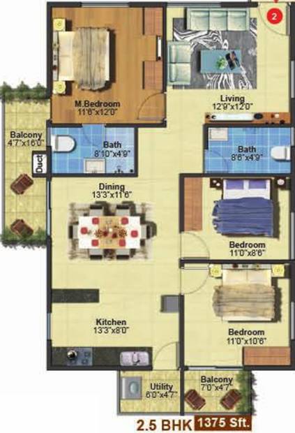 Myhna Myhna Maple (2BHK+2T (1,375 sq ft) + Study Room 1375 sq ft)