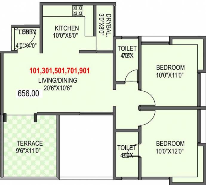 Hemant Fortuna (2BHK+2T (974 sq ft) 974 sq ft)