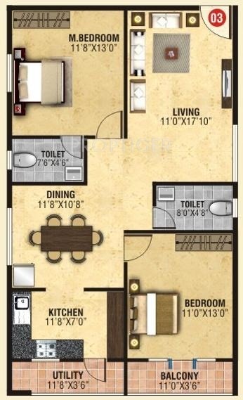 BM BM Lotus (2BHK+2T (1,186 sq ft) 1186 sq ft)