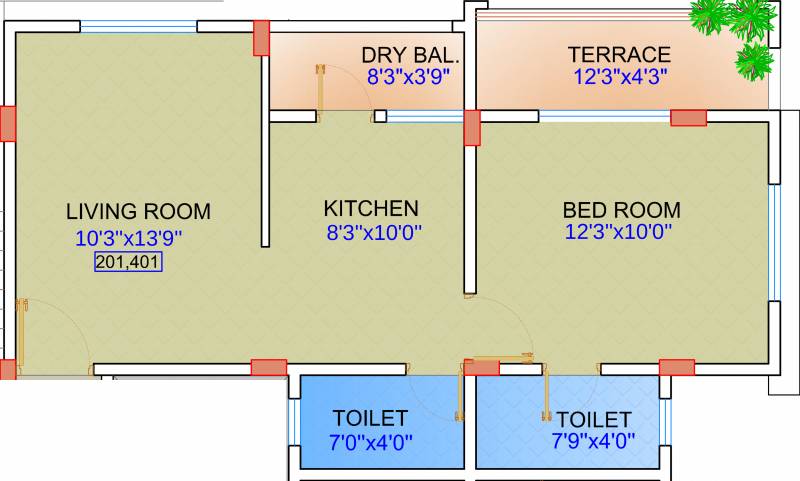 Floret Emerald (1BHK+2T (671 sq ft) 671 sq ft)