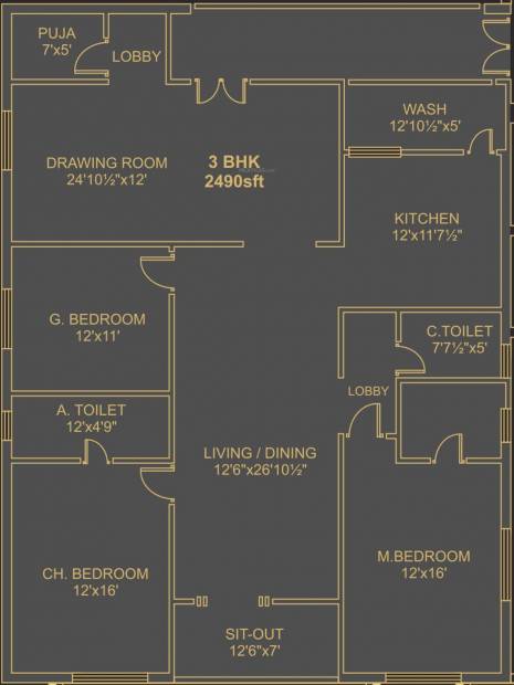 Ista Senor (3BHK+3T (2,490 sq ft)   Pooja Room 2490 sq ft)