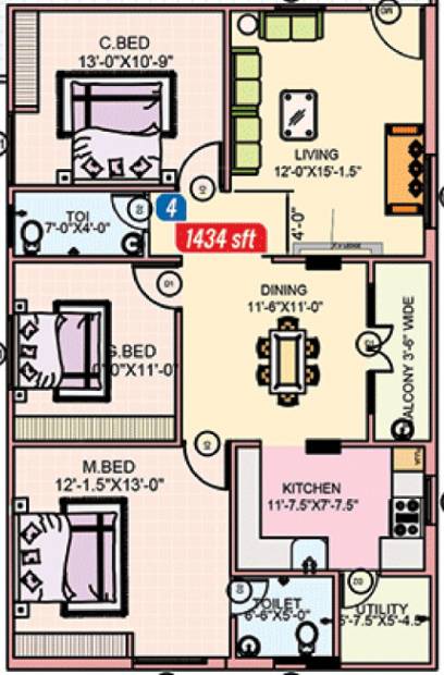 Abhi Constructions Pragathi Square (3BHK+2T (1,434 sq ft) 1434 sq ft)