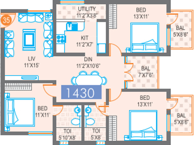 Sree Harsha Gateway (3BHK+2T (1,430 sq ft) 1430 sq ft)