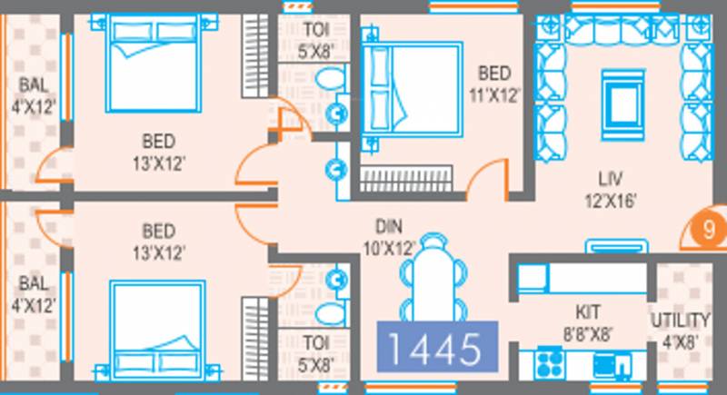 Sree Harsha Gateway (3BHK+2T (1,445 sq ft) 1445 sq ft)