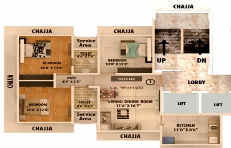 Modispaces Pearly Shell (3BHK+4T (759 sq ft) 759 sq ft)