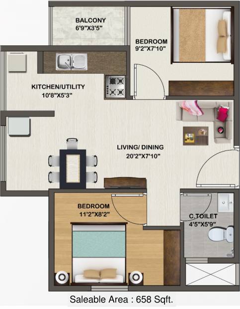 Sowparnika Indraprastha (2BHK+1T (658 sq ft) 658 sq ft)
