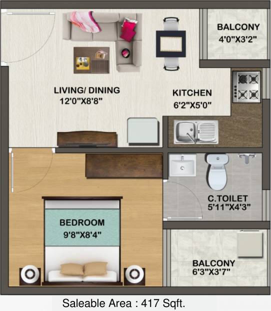 Sowparnika Indraprastha (1BHK+1T (417 sq ft) 417 sq ft)