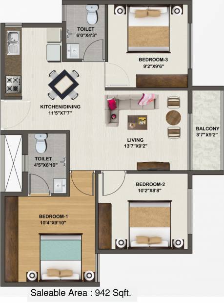 Sowparnika Indraprastha (3BHK+2T (942 sq ft) 942 sq ft)