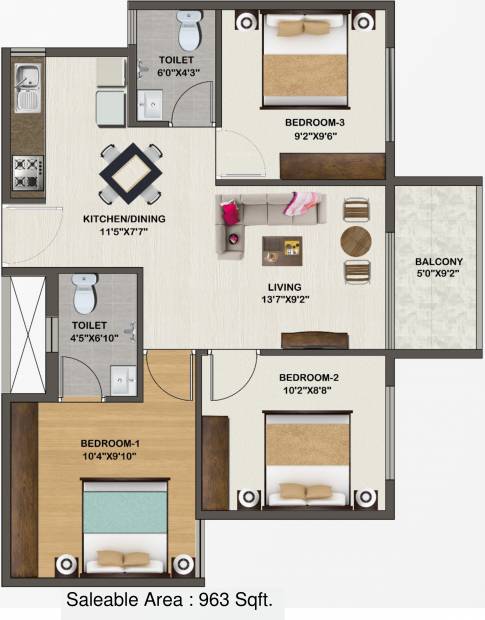 Sowparnika Indraprastha (3BHK+2T (963 sq ft) 963 sq ft)