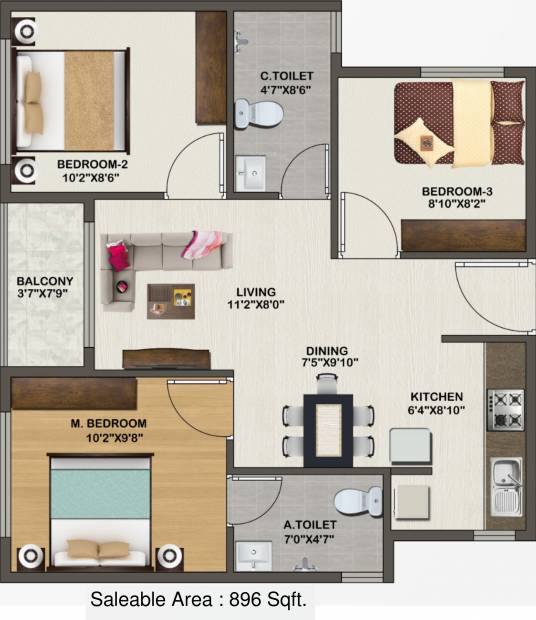 Sowparnika Indraprastha (3BHK+2T (896 sq ft) 896 sq ft)