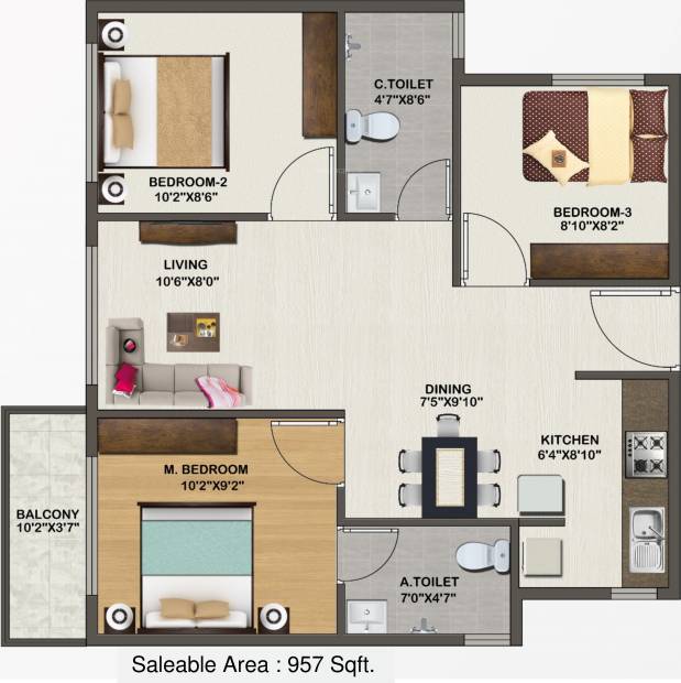 Sowparnika Indraprastha (3BHK+2T (957 sq ft) 957 sq ft)