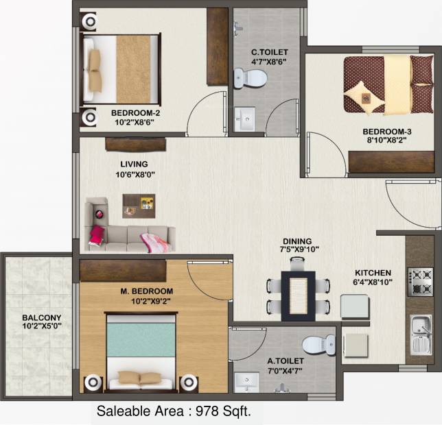 Sowparnika Indraprastha (3BHK+2T (978 sq ft) 978 sq ft)