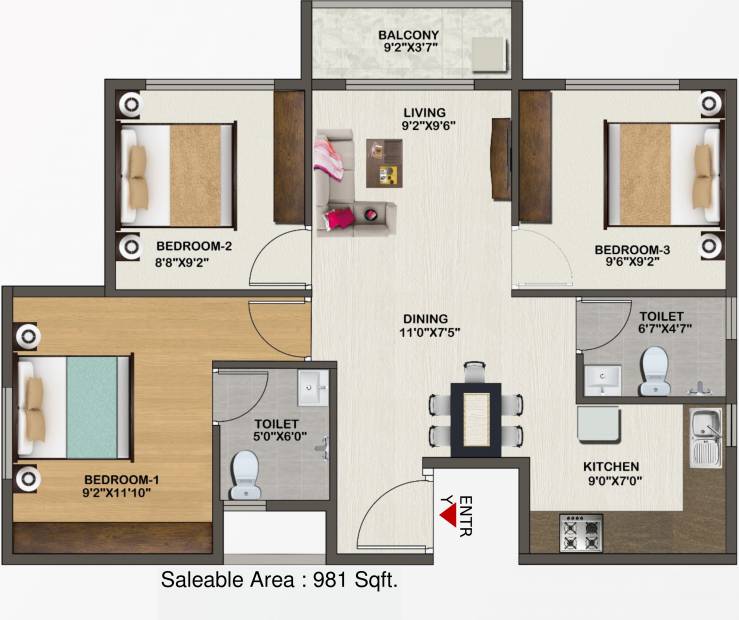Sowparnika Indraprastha (3BHK+2T (981 sq ft) 981 sq ft)