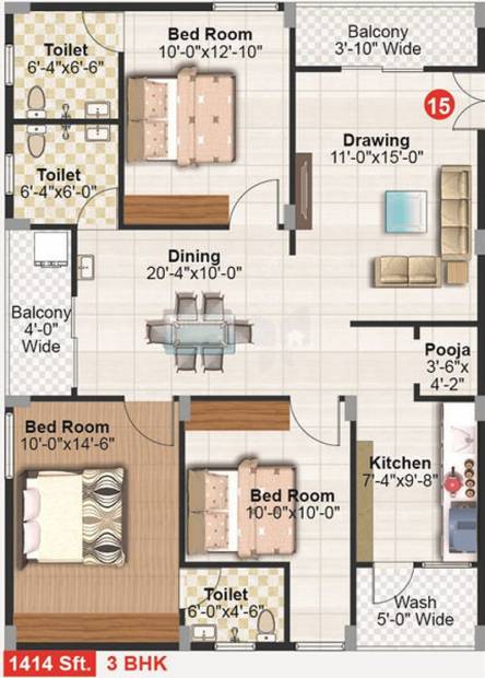 Seven Hills Sreepadam Grand (3BHK+3T (1,414 sq ft) 1414 sq ft)