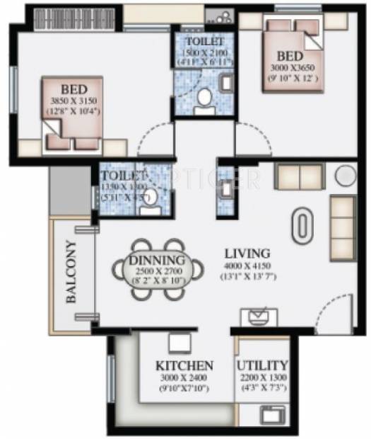 Ruby Elite (2BHK+2T (1,075 sq ft) 1075 sq ft)