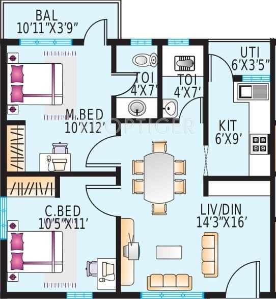 Modi Paramount Residency (2BHK+2T (830 sq ft) 830 sq ft)