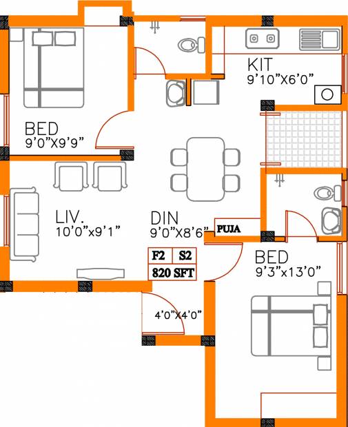 SB Sai Casttle (2BHK+2T (820 sq ft) + Pooja Room 820 sq ft)