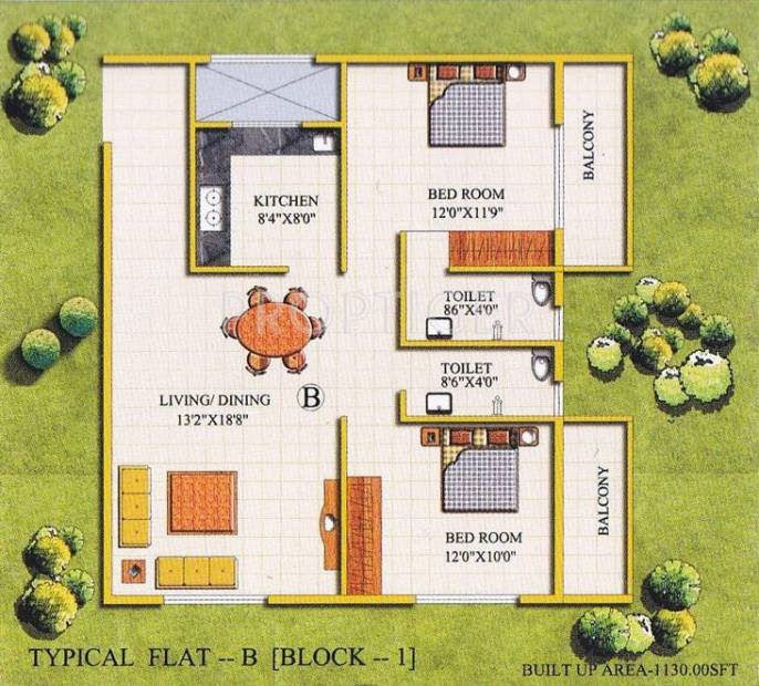 Ideal Aryan Moon Stone (2BHK+2T (1,130 sq ft) 1130 sq ft)