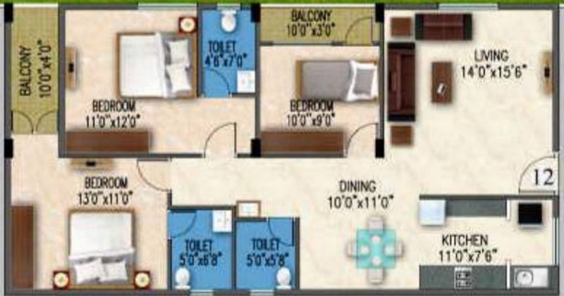 Gunina Mellow (3BHK+3T (1,475 sq ft) 1475 sq ft)