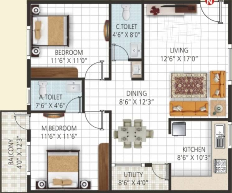 Sri Vani Orchids (2BHK+2T (1,085 sq ft) 1085 sq ft)